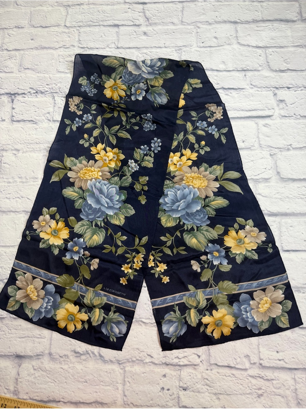 Liz Claiborne Navy Floral Silk Scarf with Blue and Yellow Blooms